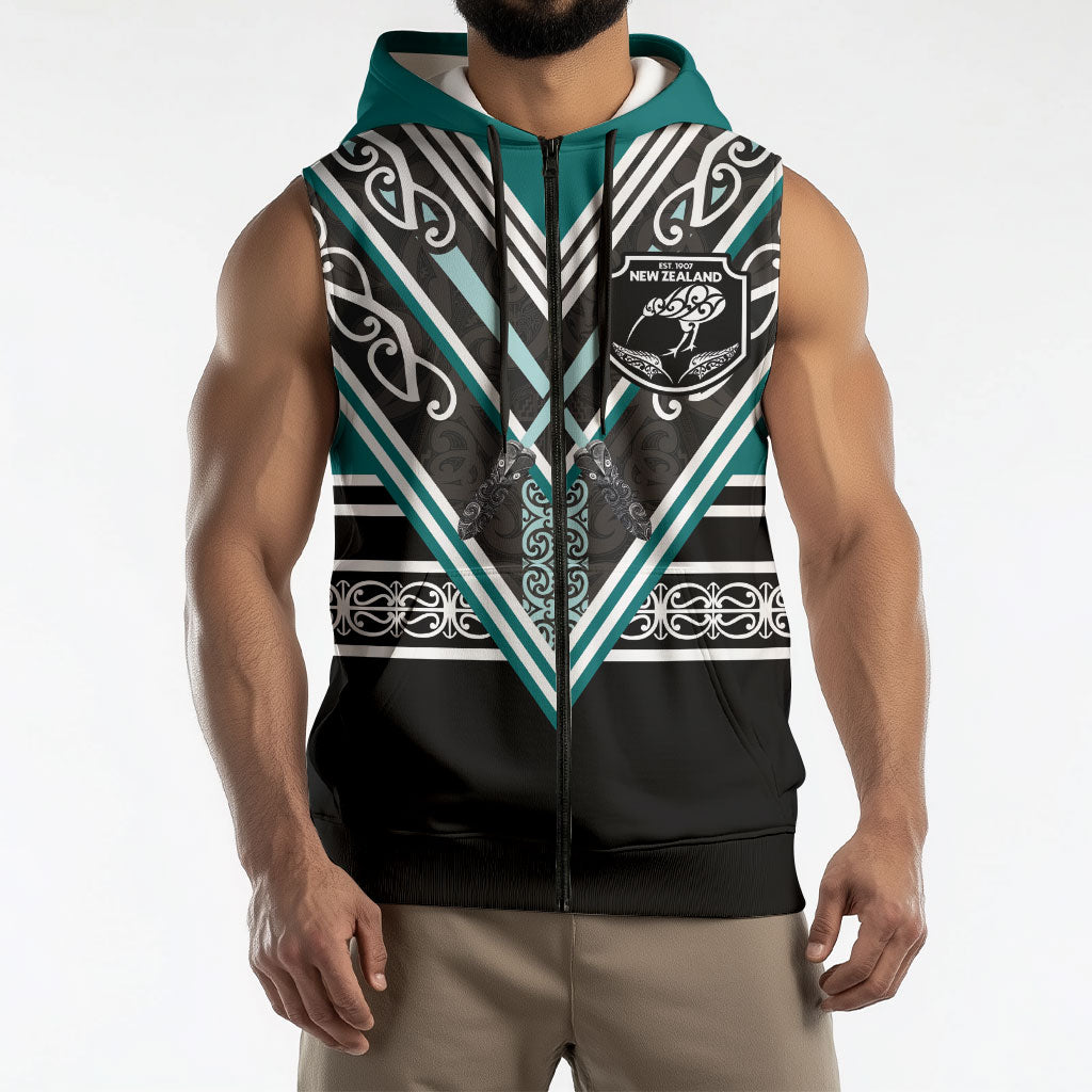 New Zealand Maori Rugby Custom Sleeveless Zip Hoodie Aotearoa Koru Geometric - Oceanic Color