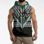 New Zealand Maori Rugby Custom Sleeveless Zip Hoodie Aotearoa Koru Geometric - Oceanic Color