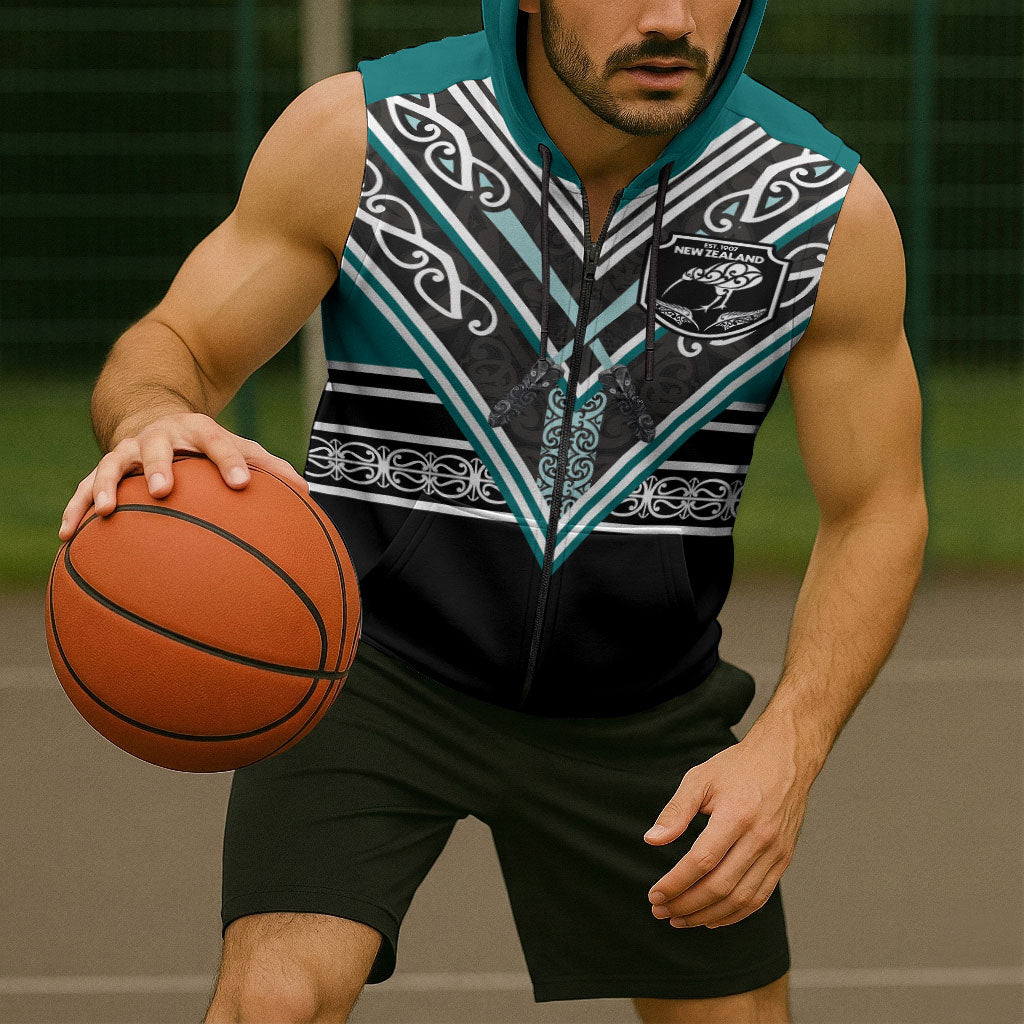 New Zealand Maori Rugby Custom Sleeveless Zip Hoodie Aotearoa Koru Geometric - Oceanic Color