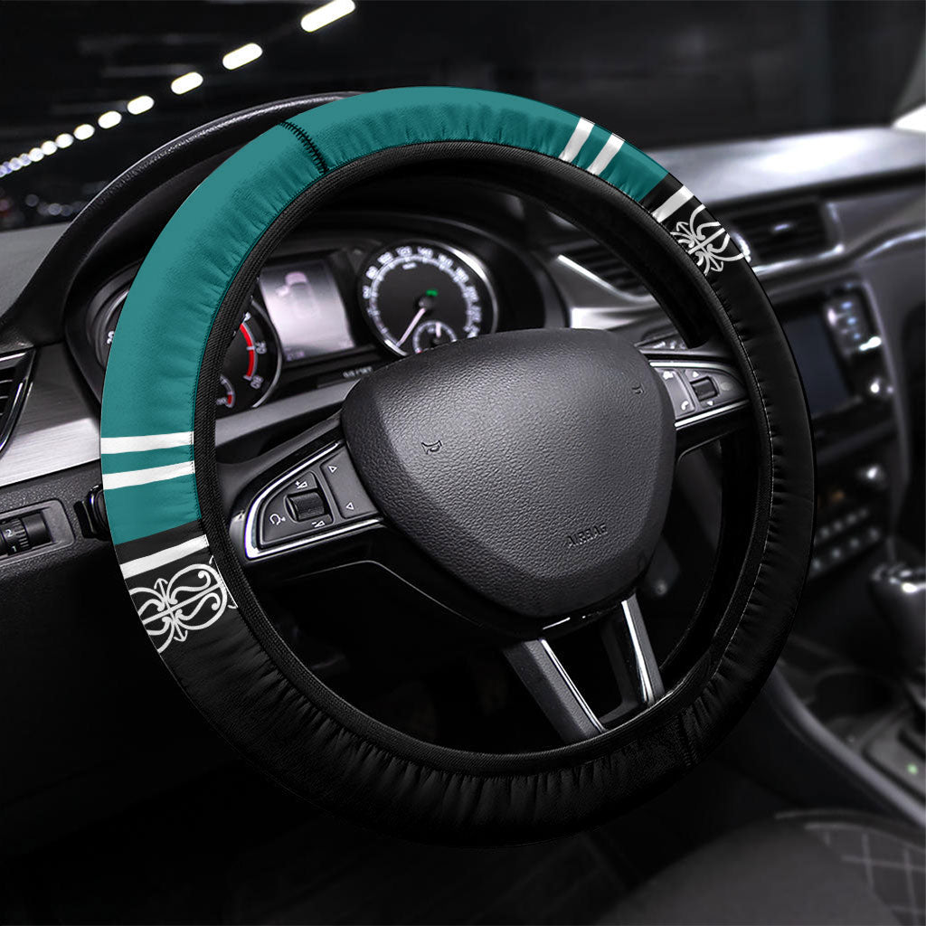 New Zealand Maori Rugby Steering Wheel Cover Aotearoa Koru Geometric - Oceanic Color