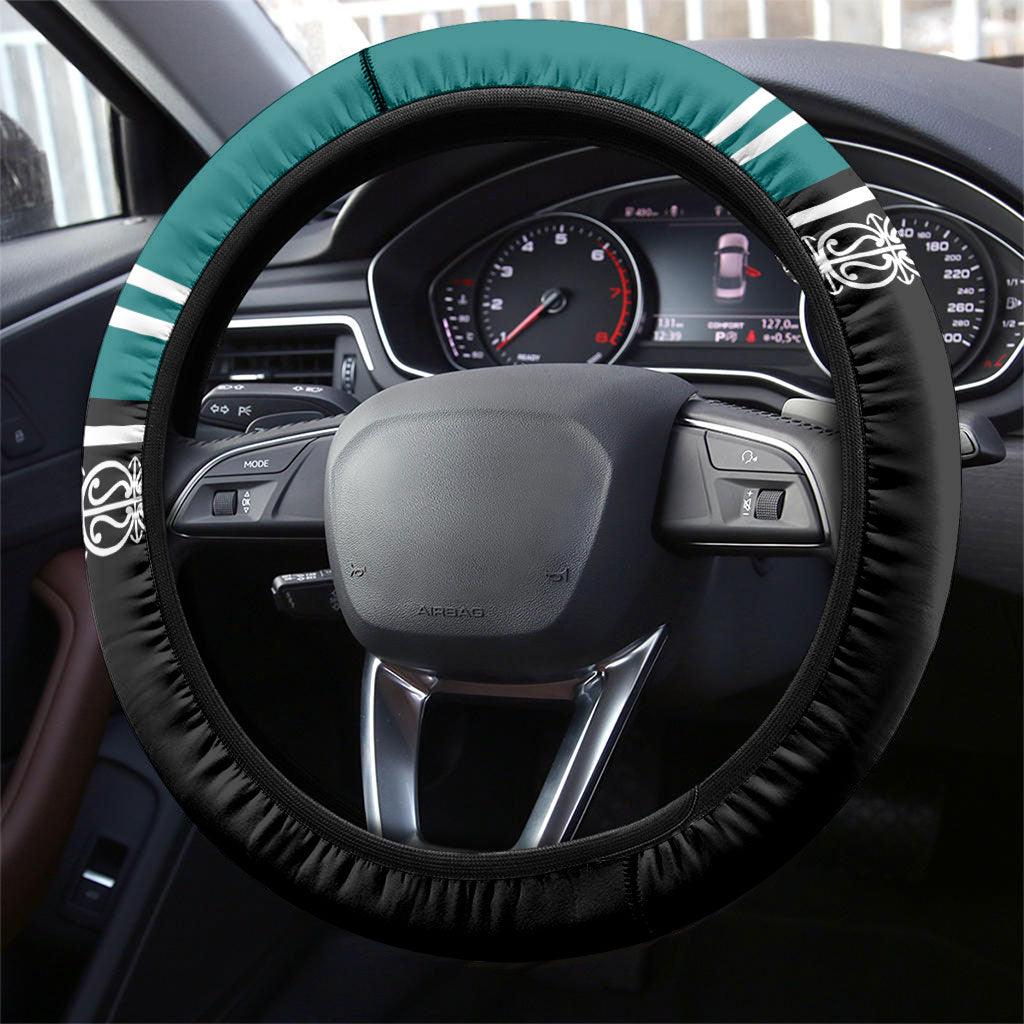 New Zealand Maori Rugby Steering Wheel Cover Aotearoa Koru Geometric - Oceanic Color