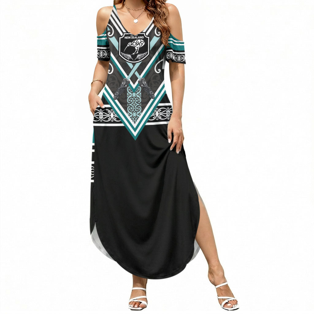 New Zealand Maori Rugby Custom Summer Maxi Dress Aotearoa Koru Geometric - Oceanic Color