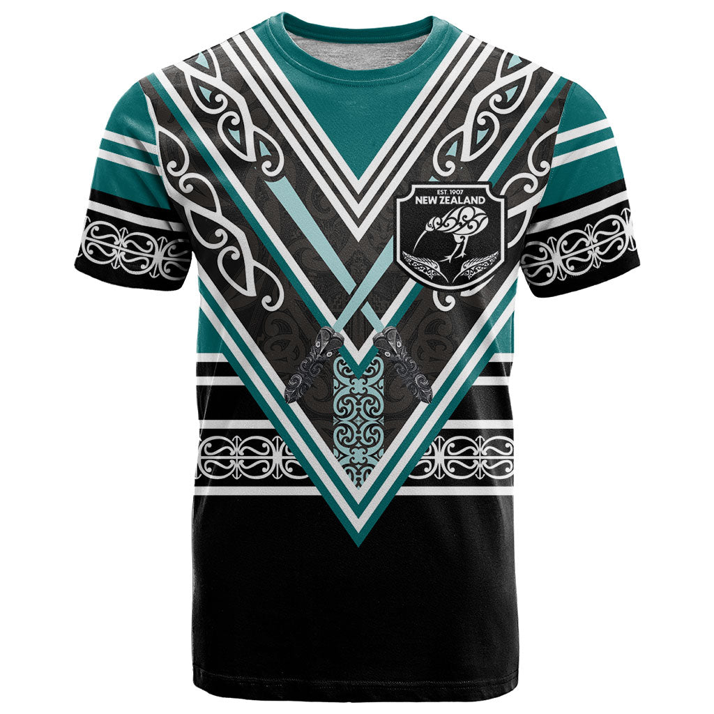 New Zealand Maori Rugby Custom T Shirt Aotearoa Koru Geometric - Oceanic Color