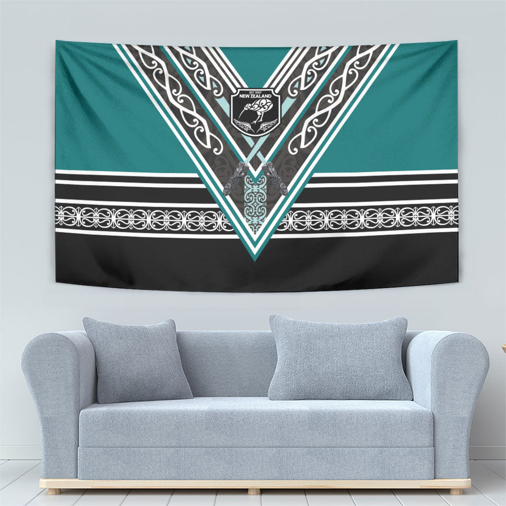 New Zealand Maori Rugby Tapestry Aotearoa Koru Geometric - Oceanic Color