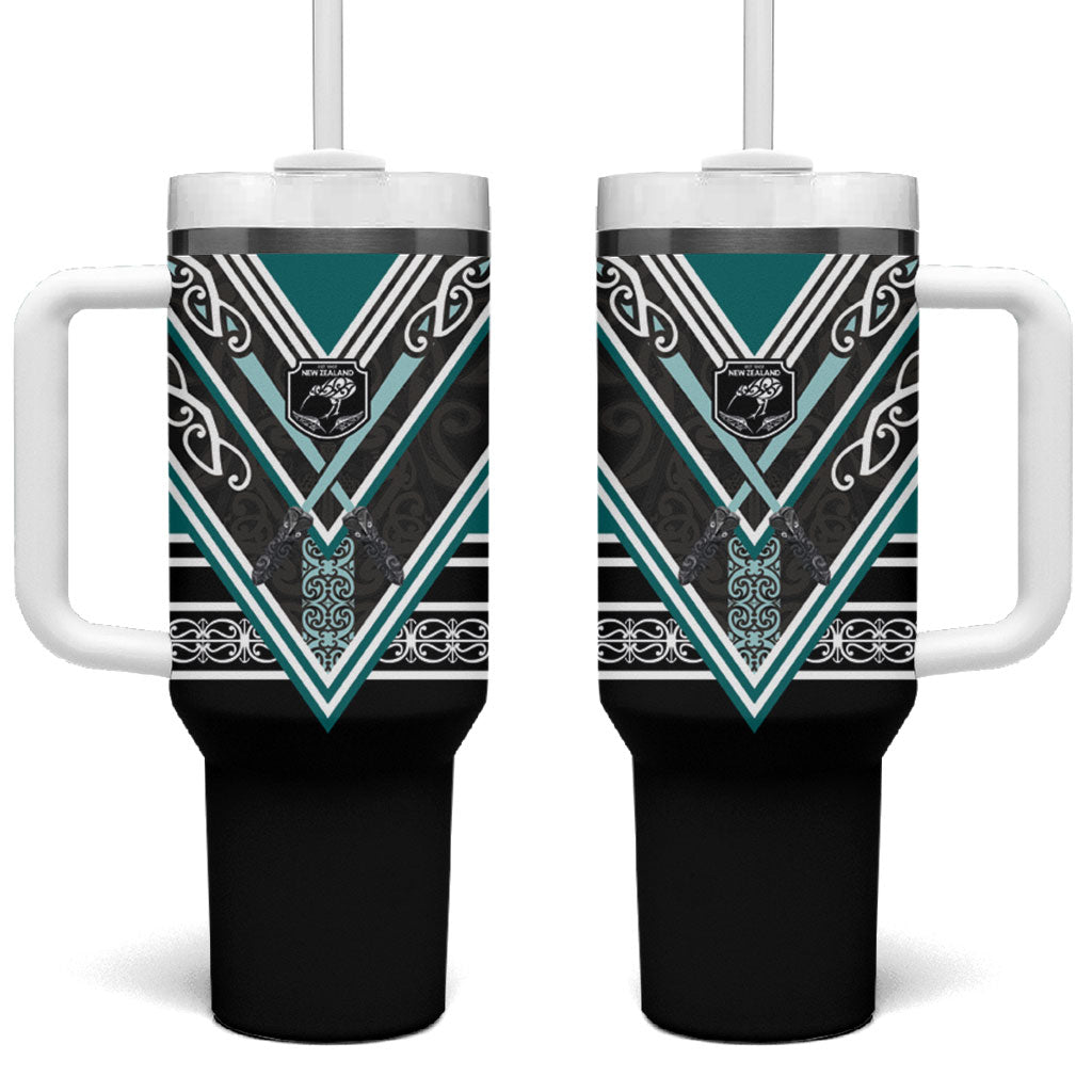 New Zealand Maori Rugby Tumbler With Handle Aotearoa Koru Geometric - Oceanic Color