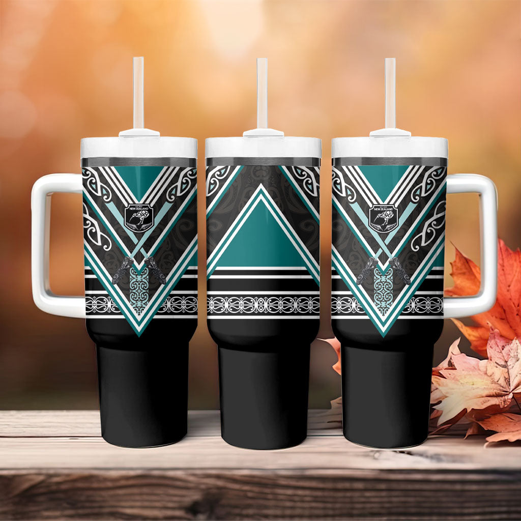 New Zealand Maori Rugby Tumbler With Handle Aotearoa Koru Geometric - Oceanic Color