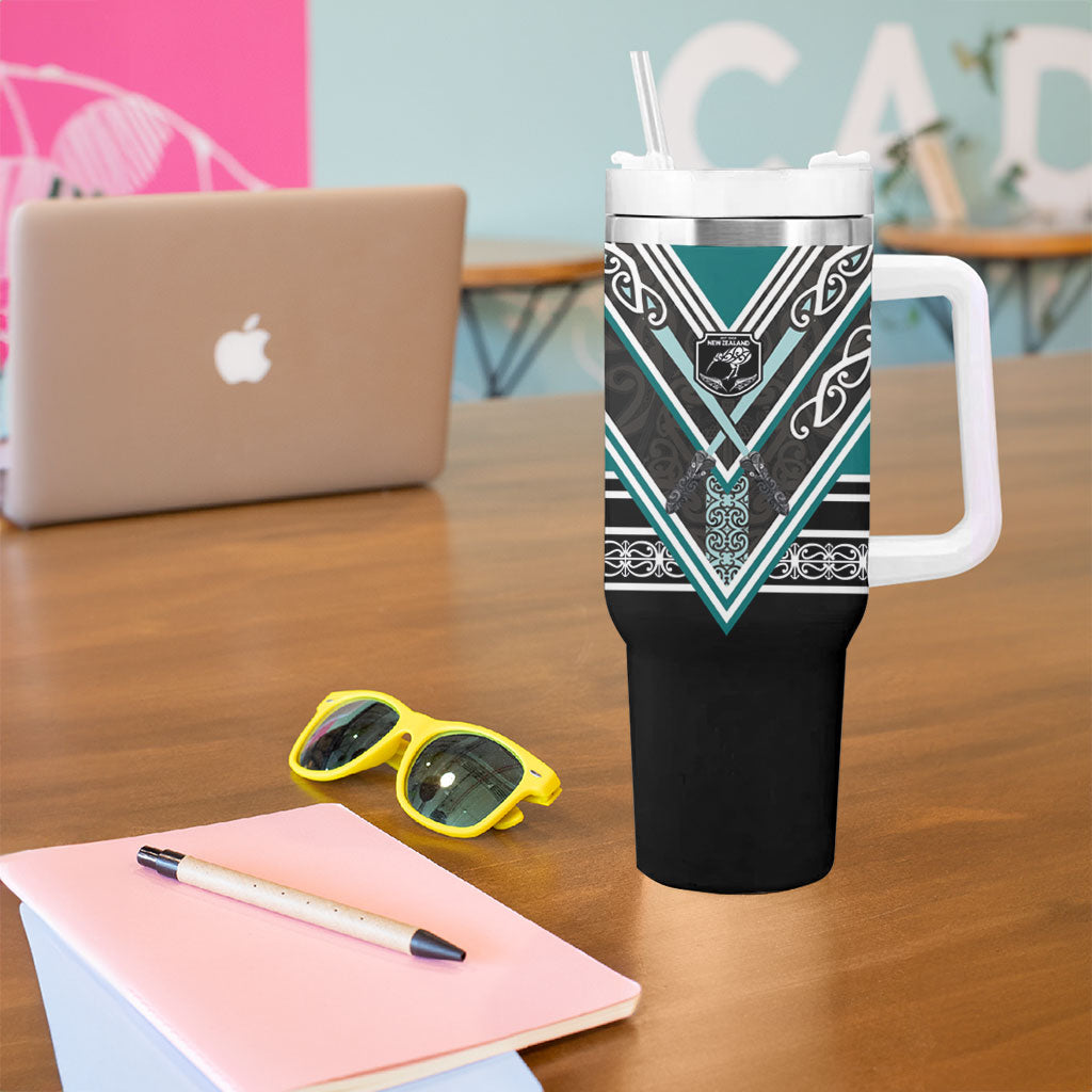 New Zealand Maori Rugby Tumbler With Handle Aotearoa Koru Geometric - Oceanic Color