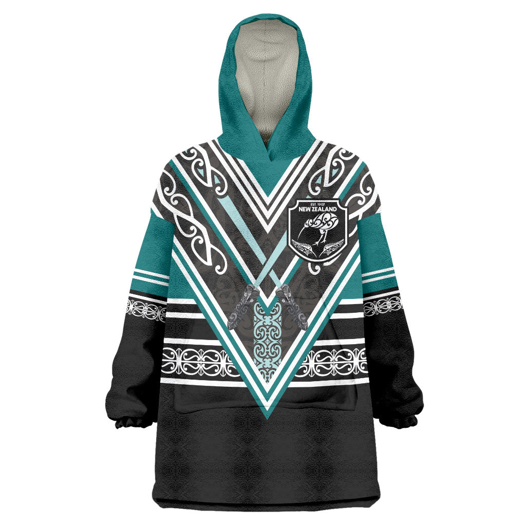 New Zealand Maori Rugby Custom Wearable Blanket Hoodie Aotearoa Koru Geometric - Oceanic Color