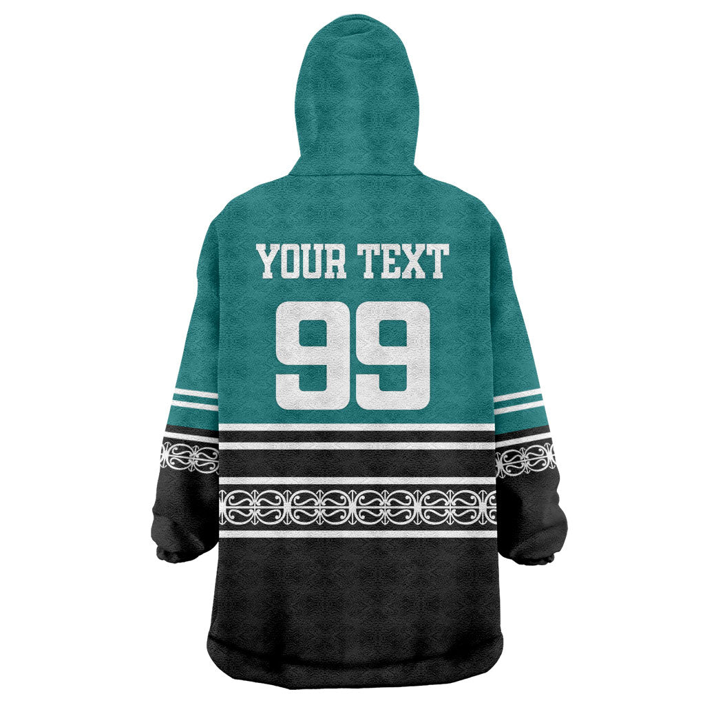 New Zealand Maori Rugby Custom Wearable Blanket Hoodie Aotearoa Koru Geometric - Oceanic Color