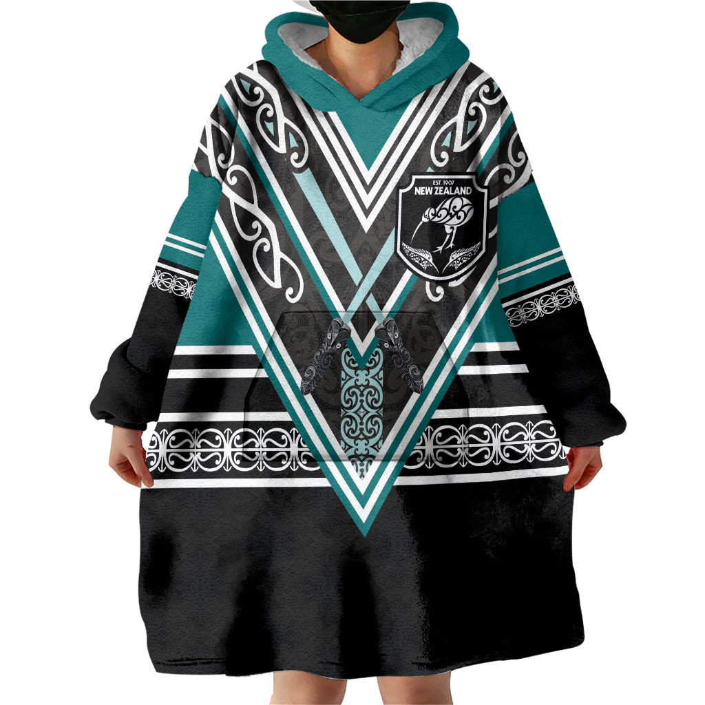 New Zealand Maori Rugby Custom Wearable Blanket Hoodie Aotearoa Koru Geometric - Oceanic Color