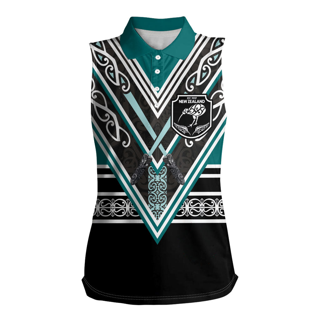 New Zealand Maori Rugby Custom Women Sleeveless Polo Shirt Aotearoa Koru Geometric - Oceanic Color