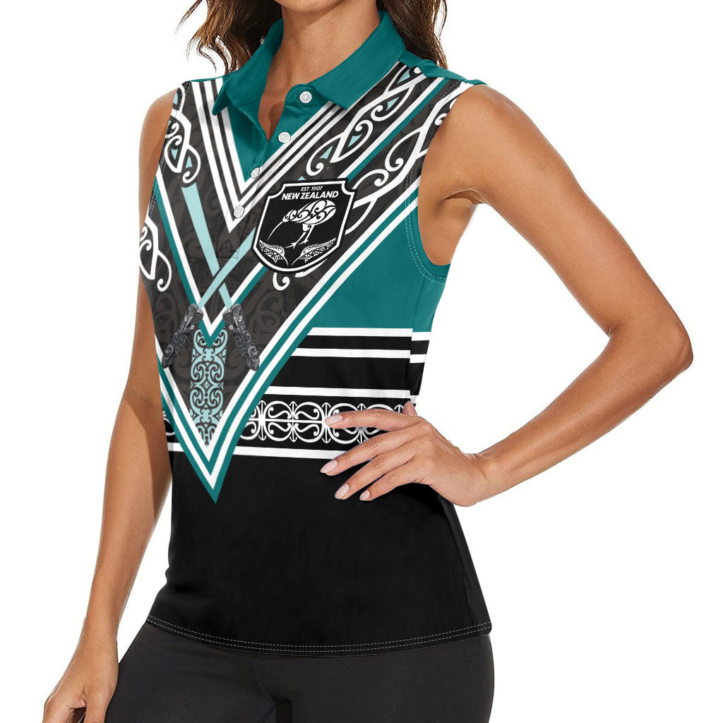 New Zealand Maori Rugby Custom Women Sleeveless Polo Shirt Aotearoa Koru Geometric - Oceanic Color