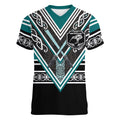 New Zealand Maori Rugby Custom Women V-Neck T-Shirt Aotearoa Koru Geometric - Oceanic Color