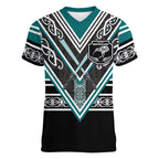 New Zealand Maori Rugby Custom Women V-Neck T-Shirt Aotearoa Koru Geometric - Oceanic Color