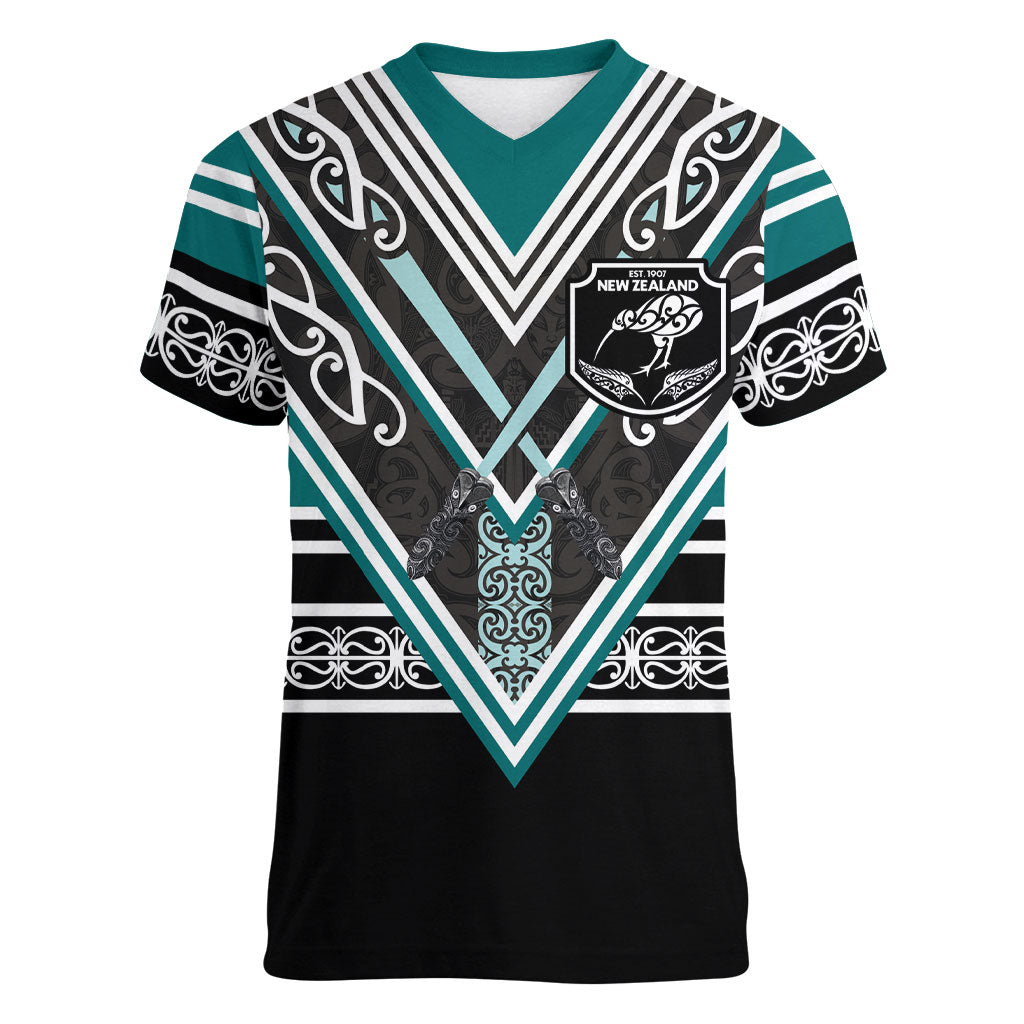 New Zealand Maori Rugby Custom Women V-Neck T-Shirt Aotearoa Koru Geometric - Oceanic Color
