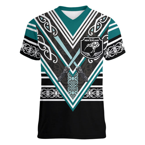 New Zealand Maori Rugby Custom Women V-Neck T-Shirt Aotearoa Koru Geometric - Oceanic Color