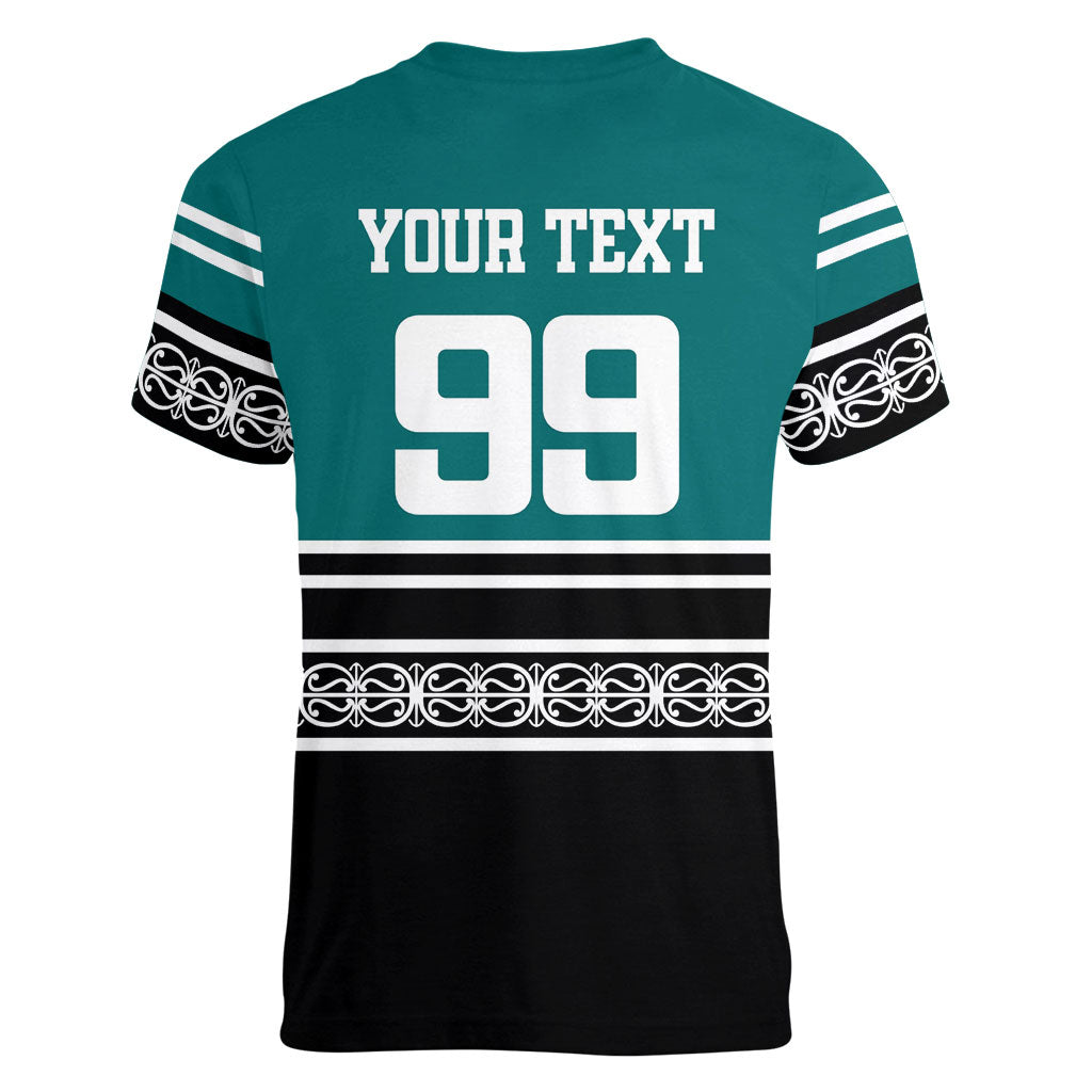 New Zealand Maori Rugby Custom Women V-Neck T-Shirt Aotearoa Koru Geometric - Oceanic Color