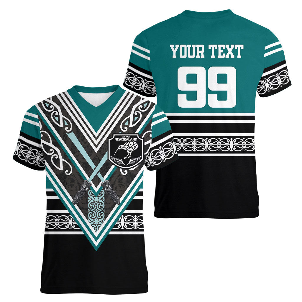 New Zealand Maori Rugby Custom Women V-Neck T-Shirt Aotearoa Koru Geometric - Oceanic Color