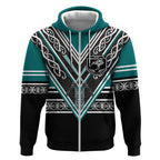 New Zealand Maori Rugby Custom Zip Hoodie Aotearoa Koru Geometric - Oceanic Color
