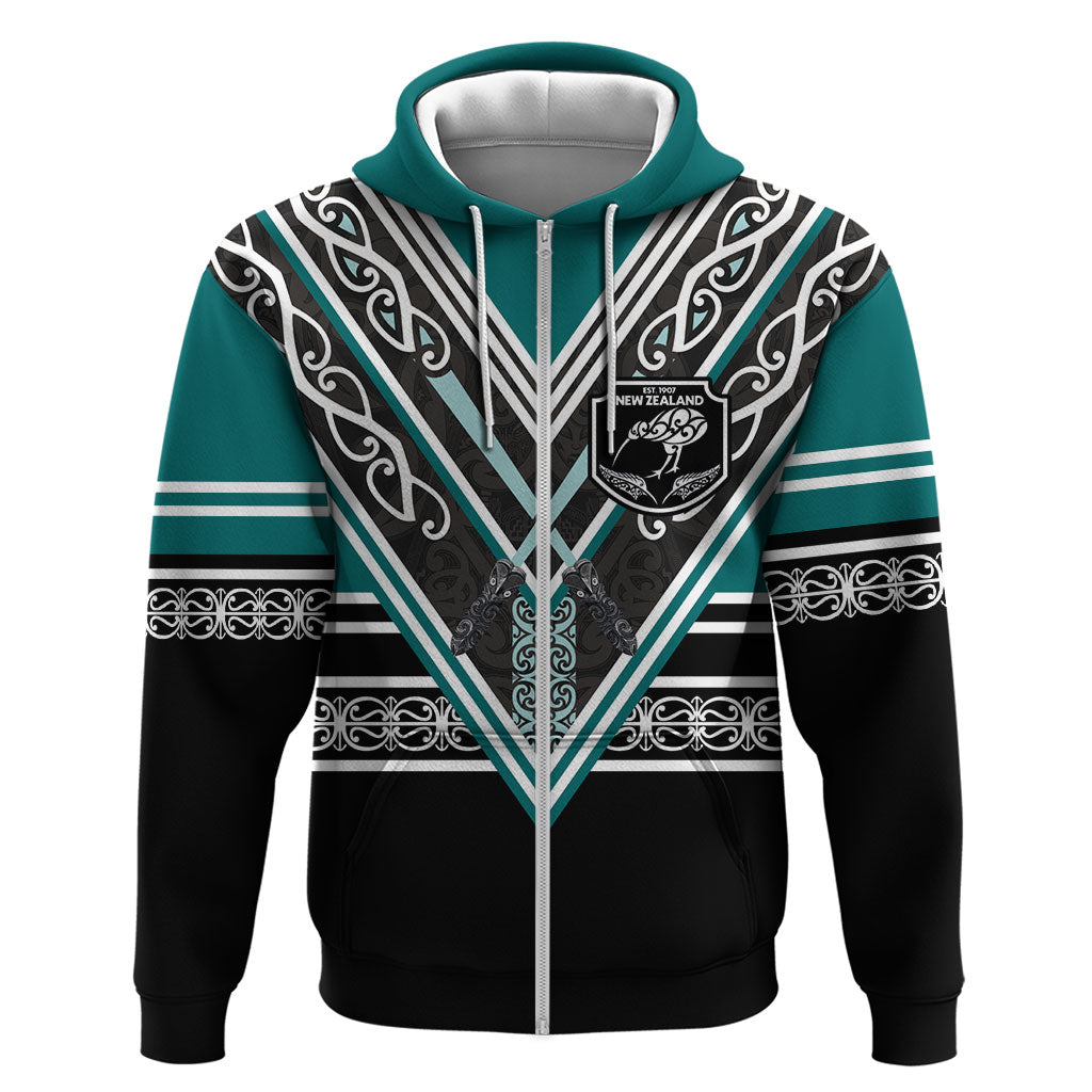 New Zealand Maori Rugby Custom Zip Hoodie Aotearoa Koru Geometric - Oceanic Color