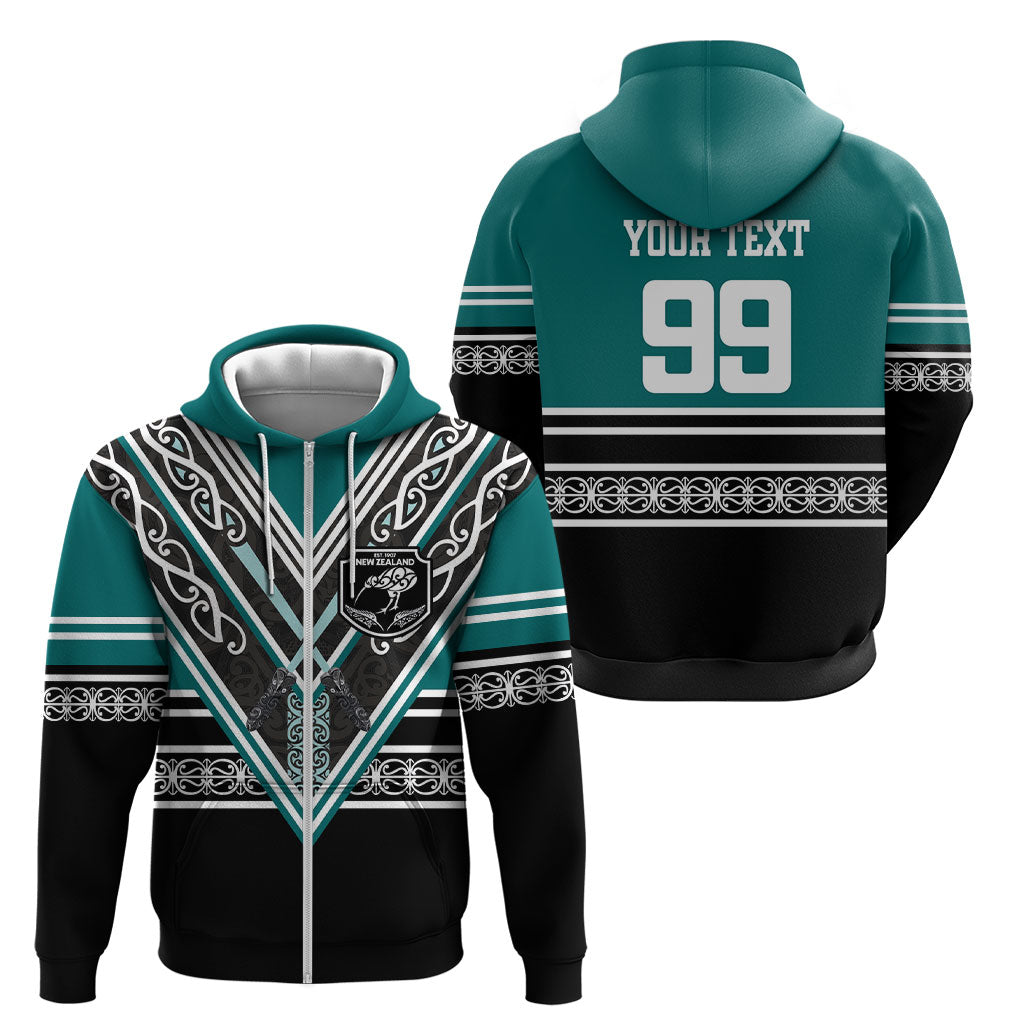 New Zealand Maori Rugby Custom Zip Hoodie Aotearoa Koru Geometric - Oceanic Color