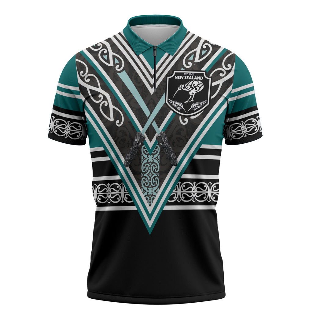 New Zealand Maori Rugby Custom Zipper Polo Shirt Aotearoa Koru Geometric - Oceanic Color