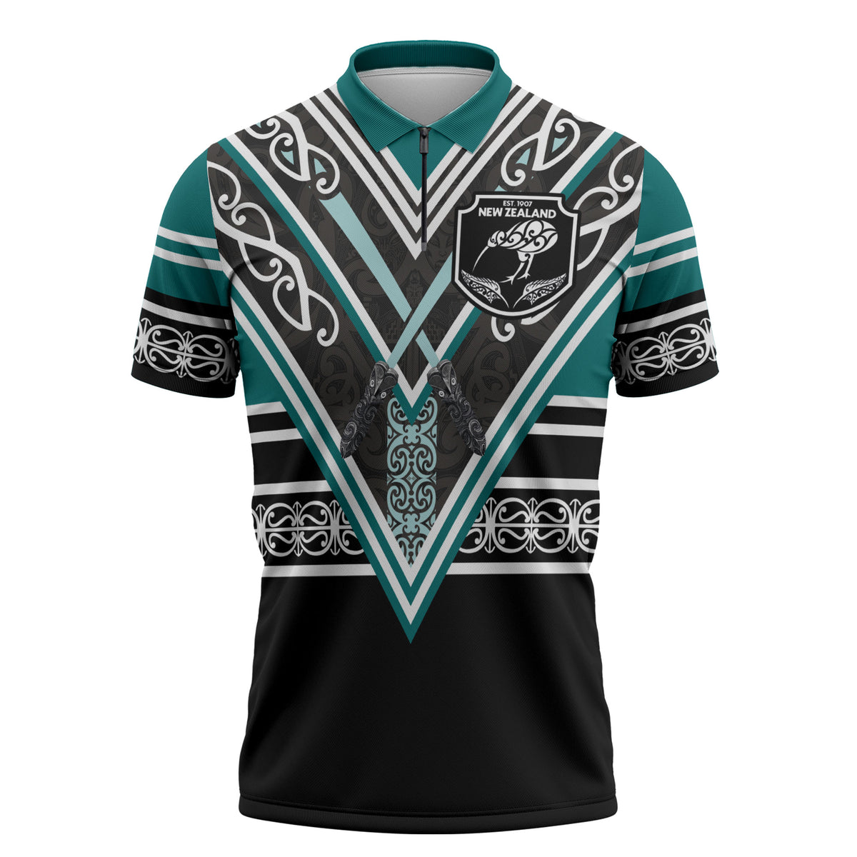 New Zealand Maori Rugby Custom Zipper Polo Shirt Aotearoa Koru Geometric - Oceanic Color