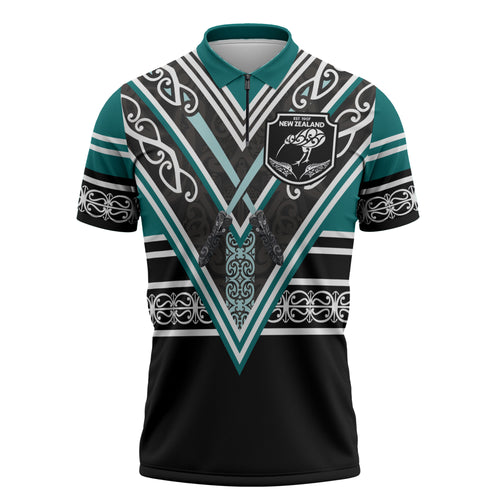 New Zealand Maori Rugby Custom Zipper Polo Shirt Aotearoa Koru Geometric - Oceanic Color
