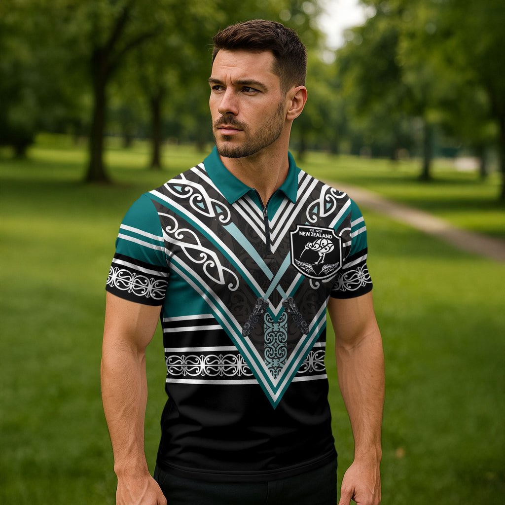 New Zealand Maori Rugby Custom Zipper Polo Shirt Aotearoa Koru Geometric - Oceanic Color