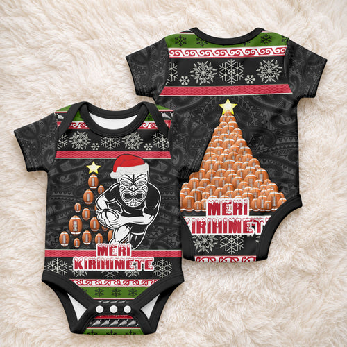 New Zealand Meri Kirihimete Baby Onesie Maori Warrior with Rugby Christmas Tree