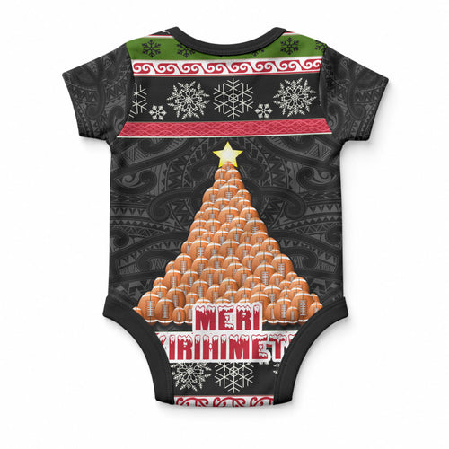 New Zealand Meri Kirihimete Baby Onesie Maori Warrior with Rugby Christmas Tree