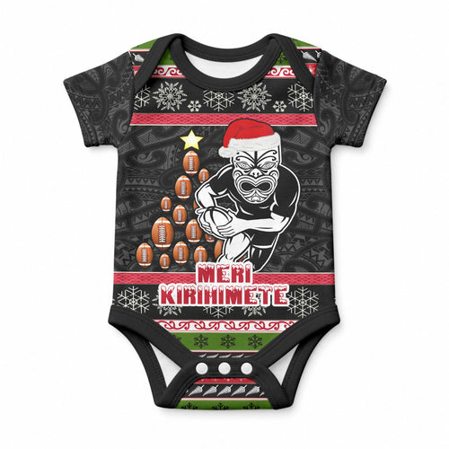 Personalized New Zealand Meri Kirihimete Baby Onesie Maori Warrior with Rugby Christmas Tree