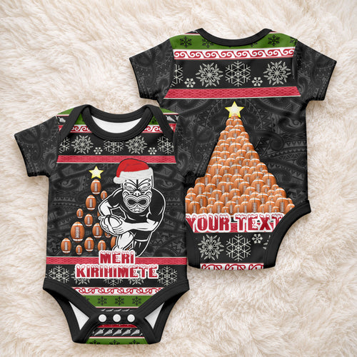 Personalized New Zealand Meri Kirihimete Baby Onesie Maori Warrior with Rugby Christmas Tree