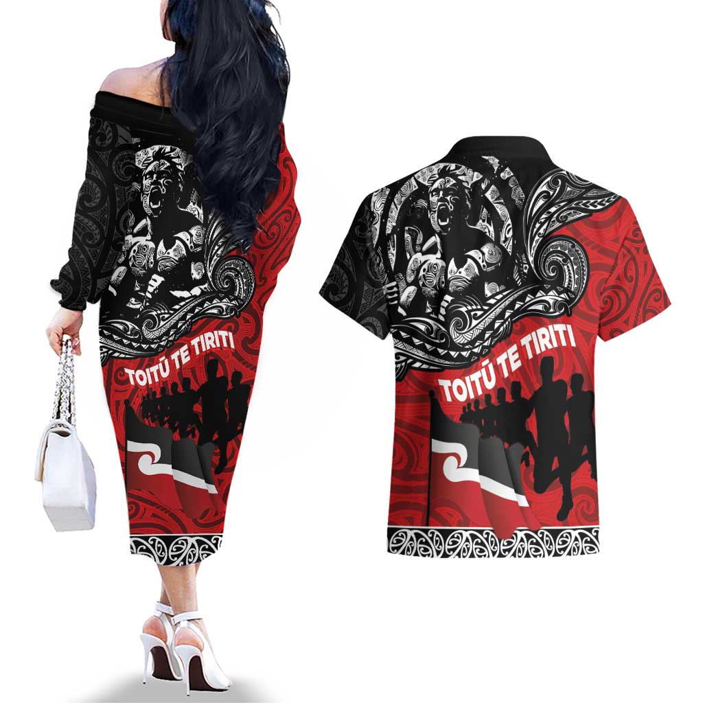 Aotearoa Toitu Te Tiriti Couples Matching Off The Shoulder Long Sleeve Dress and Hawaiian Shirt Honoring Te Tiriti o Waitangi Maori Haka