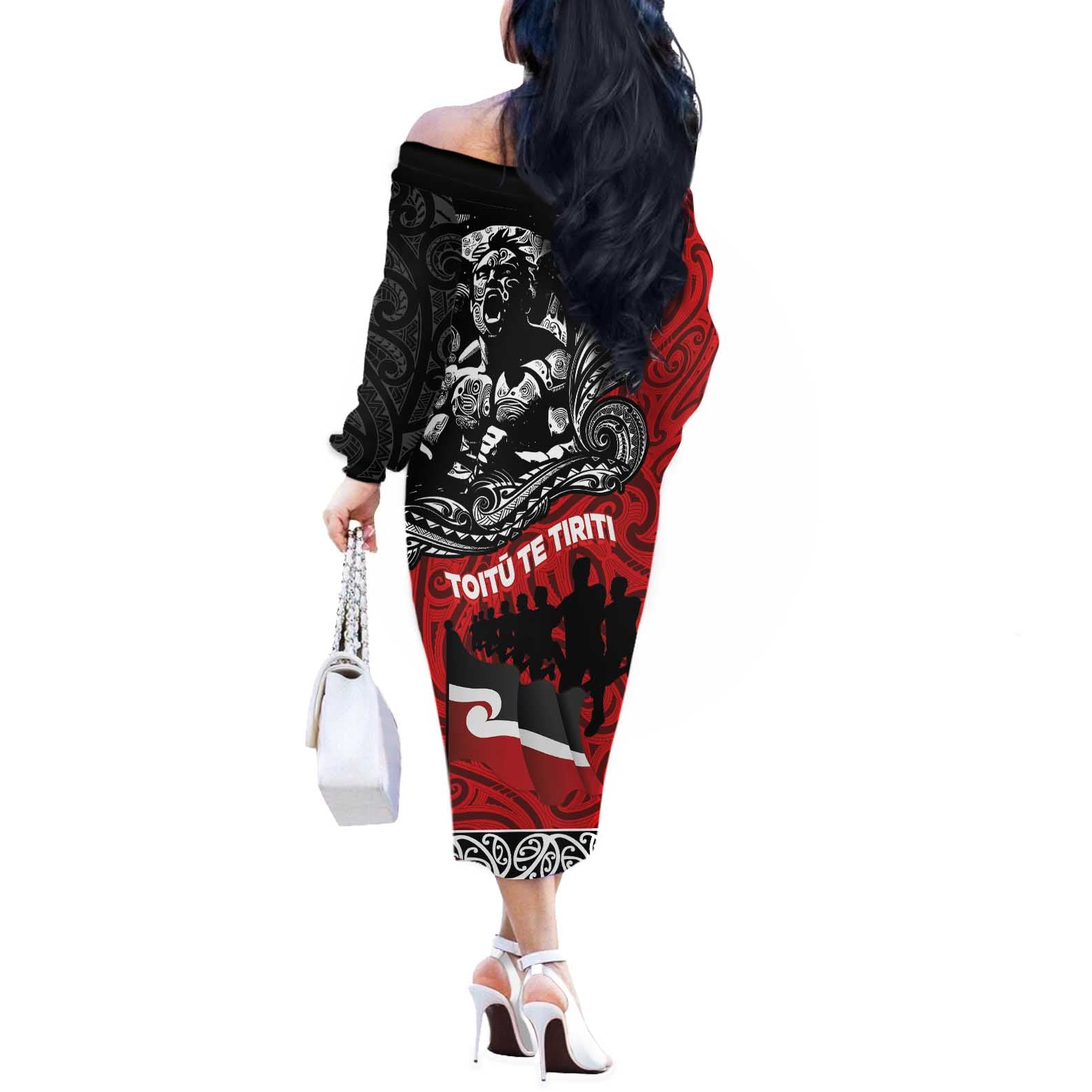Aotearoa Toitu Te Tiriti Off The Shoulder Long Sleeve Dress Honoring Te Tiriti o Waitangi Maori Haka
