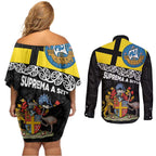 New Zealand Wellington Couples Matching Off Shoulder Short Dress and Long Sleeve Button Shirt The Capital's Emblems Flag and Koru Art