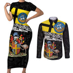 New Zealand Wellington Couples Matching Short Sleeve Bodycon Dress and Long Sleeve Button Shirt The Capital's Emblems Flag and Koru Art