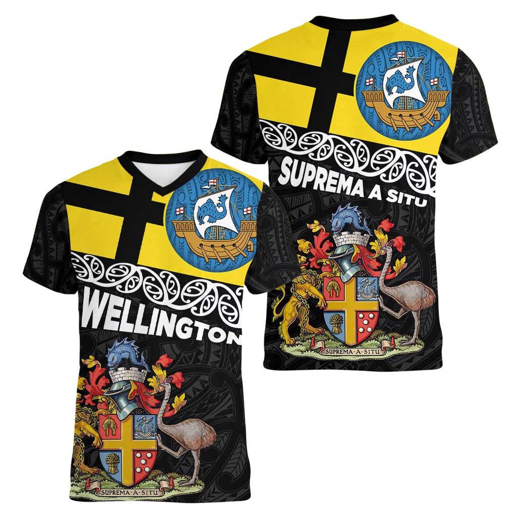 New Zealand Wellington Women V-Neck T-Shirt The Capital's Emblems Flag and Koru Art