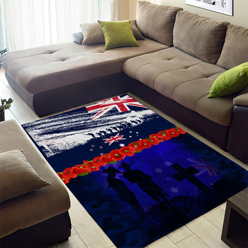 New Zealand and Australia ANZAC Day Area Rug Lest We Forget Red Poppy Flowers and Soldier
