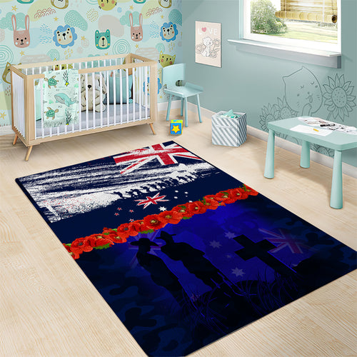 New Zealand and Australia ANZAC Day Area Rug Lest We Forget Red Poppy Flowers and Soldier