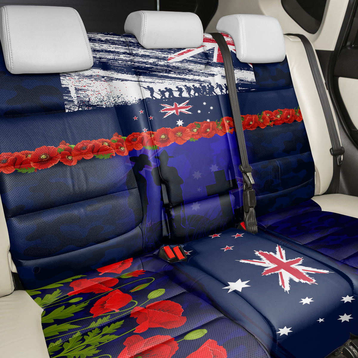 New Zealand and Australia ANZAC Day Back Car Seat Cover Lest We Forget Red Poppy Flowers and Soldier
