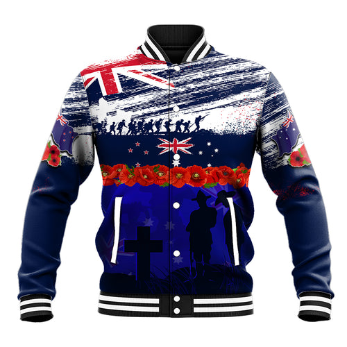 New Zealand and Australia ANZAC Day Baseball Jacket Lest We Forget Red Poppy Flowers and Soldier