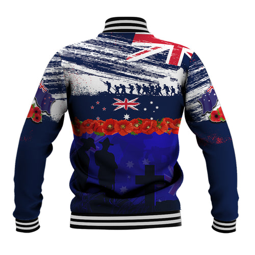 New Zealand and Australia ANZAC Day Baseball Jacket Lest We Forget Red Poppy Flowers and Soldier