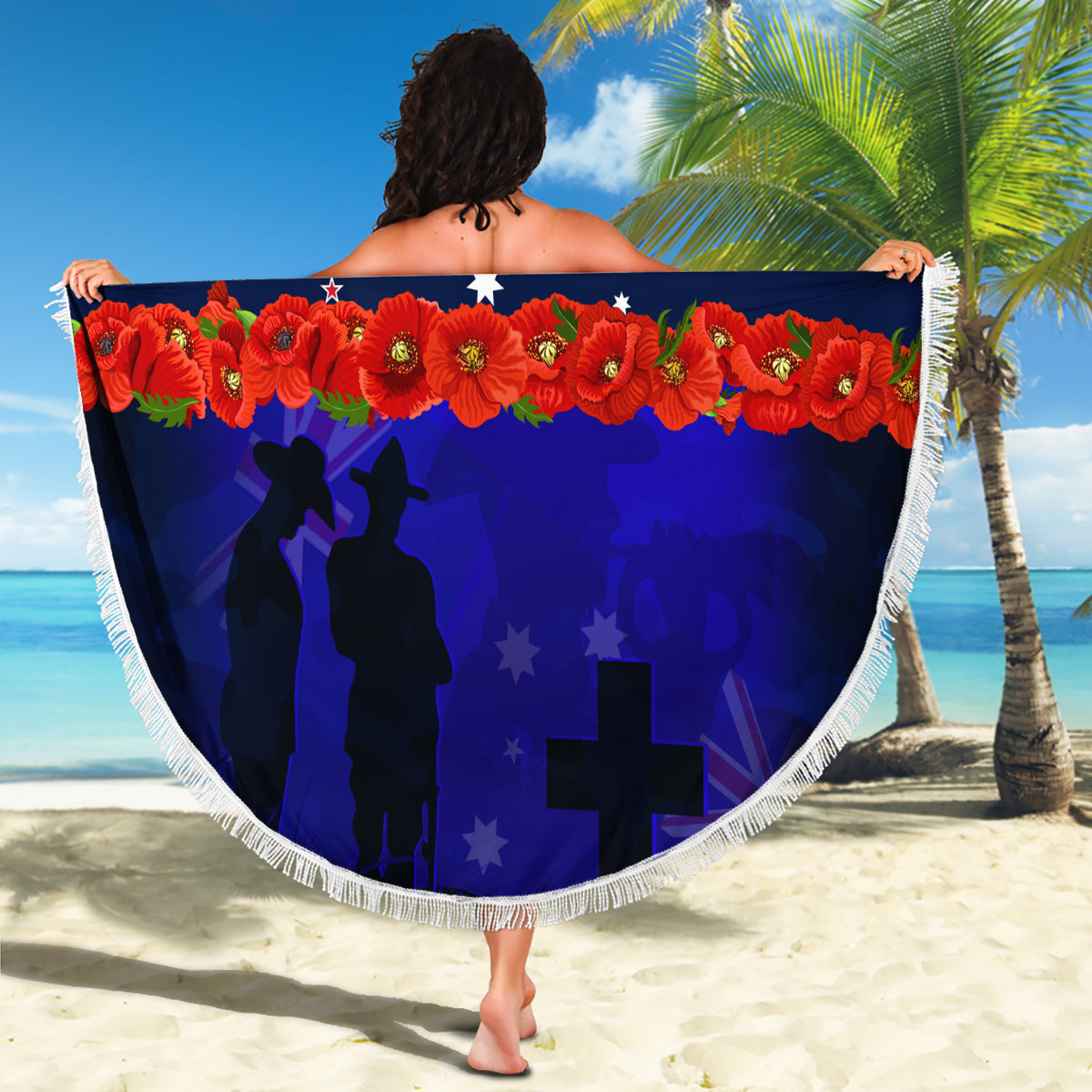 New Zealand and Australia ANZAC Day Beach Blanket Lest We Forget Red Poppy Flowers and Soldier