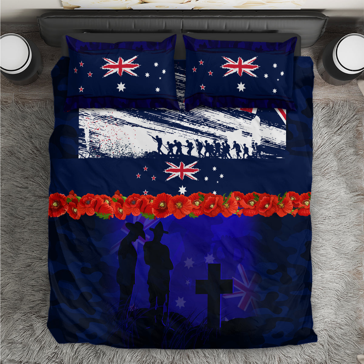 New Zealand and Australia ANZAC Day Bedding Set Lest We Forget Red Poppy Flowers and Soldier