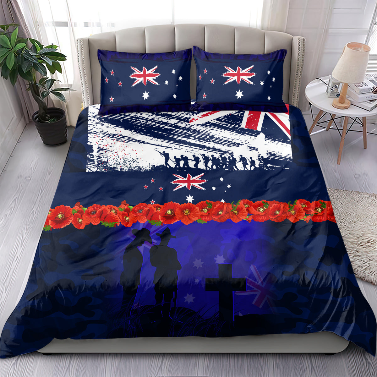 New Zealand and Australia ANZAC Day Bedding Set Lest We Forget Red Poppy Flowers and Soldier