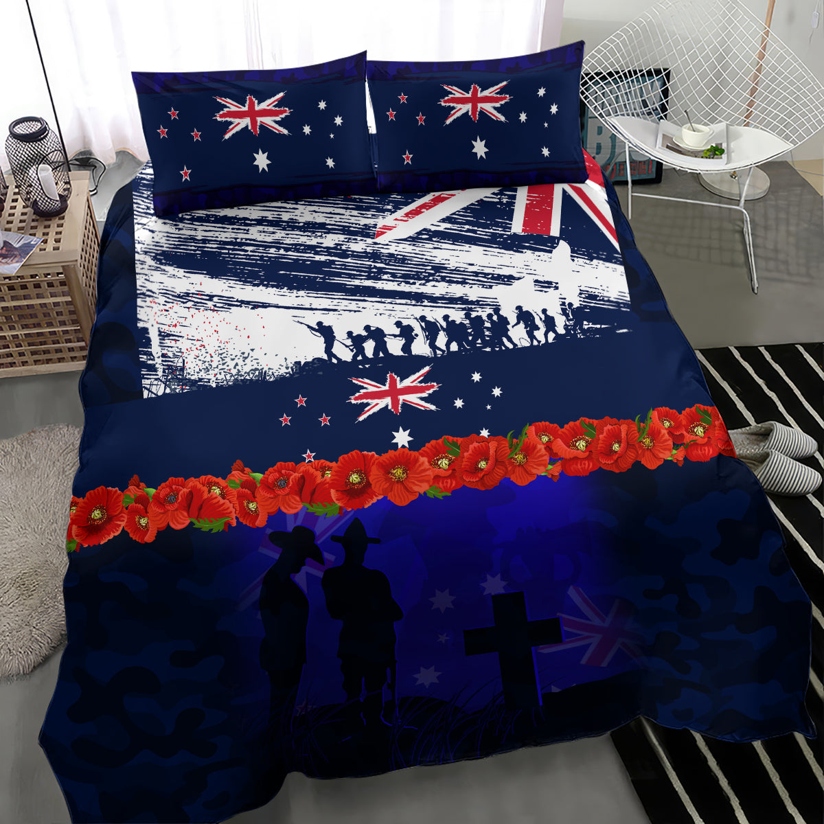 New Zealand and Australia ANZAC Day Bedding Set Lest We Forget Red Poppy Flowers and Soldier