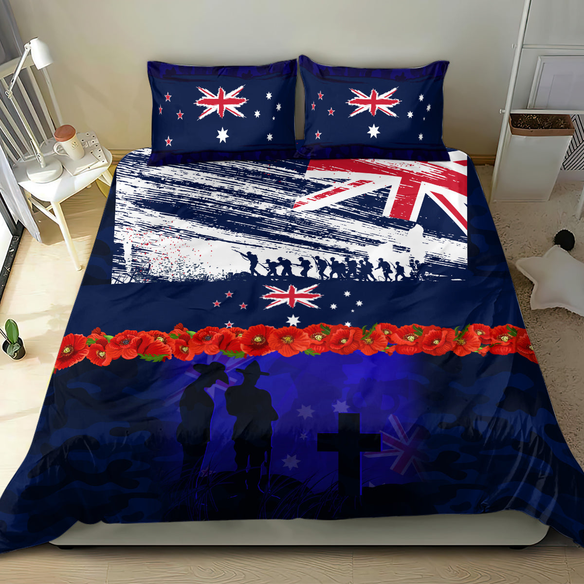 New Zealand and Australia ANZAC Day Bedding Set Lest We Forget Red Poppy Flowers and Soldier