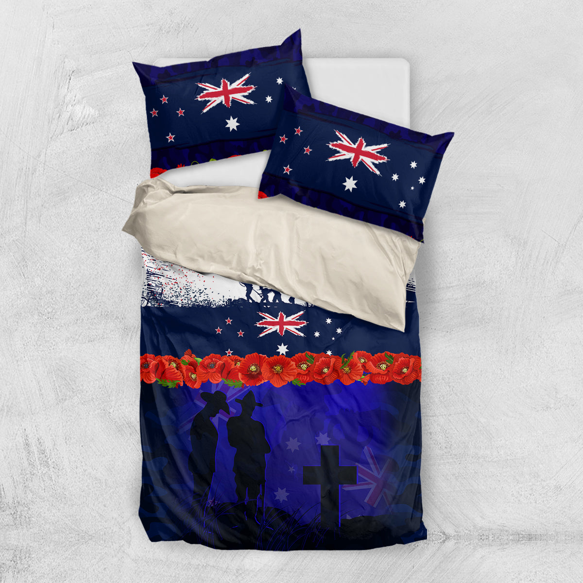 New Zealand and Australia ANZAC Day Bedding Set Lest We Forget Red Poppy Flowers and Soldier