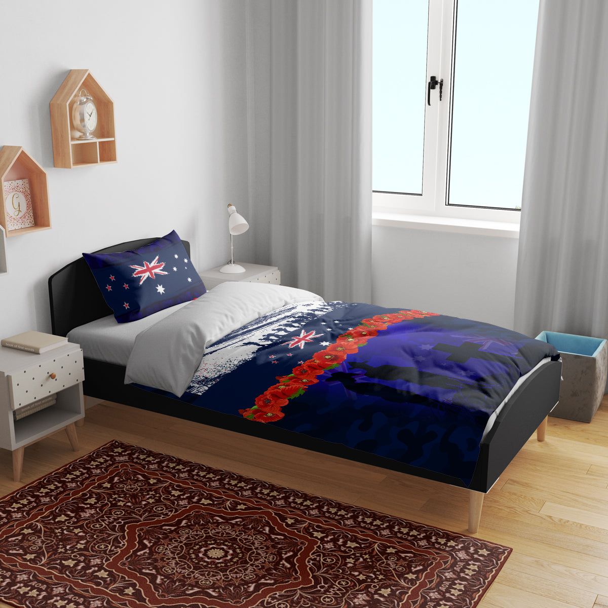 New Zealand and Australia ANZAC Day Bedding Set Lest We Forget Red Poppy Flowers and Soldier